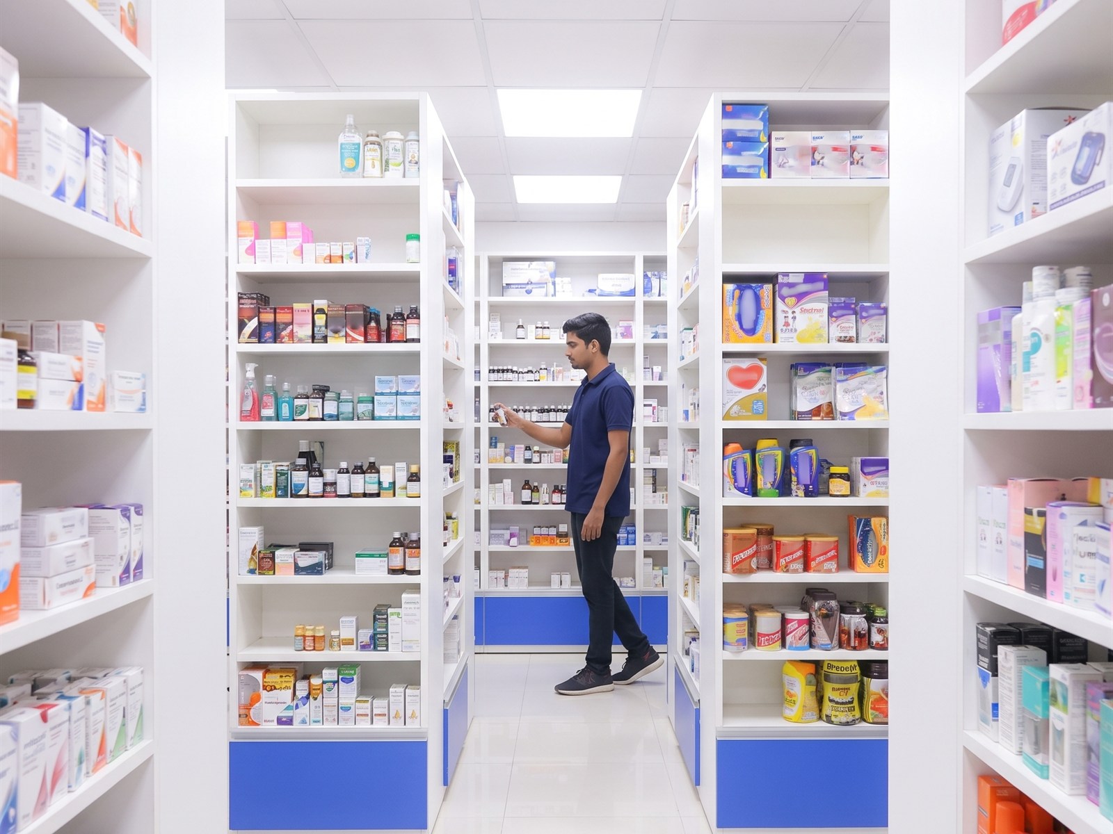 Open aisles of white shelving on the Chemist Box shop floor, stocked and staffed
