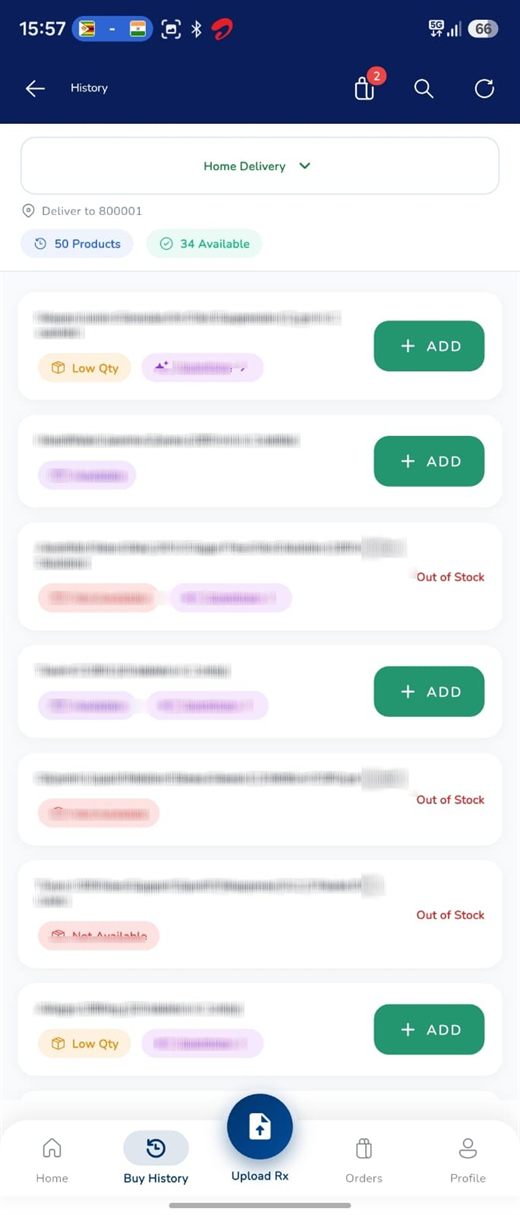 Chemist Box app showing live stock status — available, low quantity and out of stock — for previously bought items at your branch